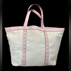 Victoria’s Secret gold stud cream canvas pink faux leather trim open tote